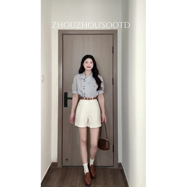 法式复古斜襟领竖条纹衬衫女夏季通勤百搭上衣气质衬衣+短裤套装