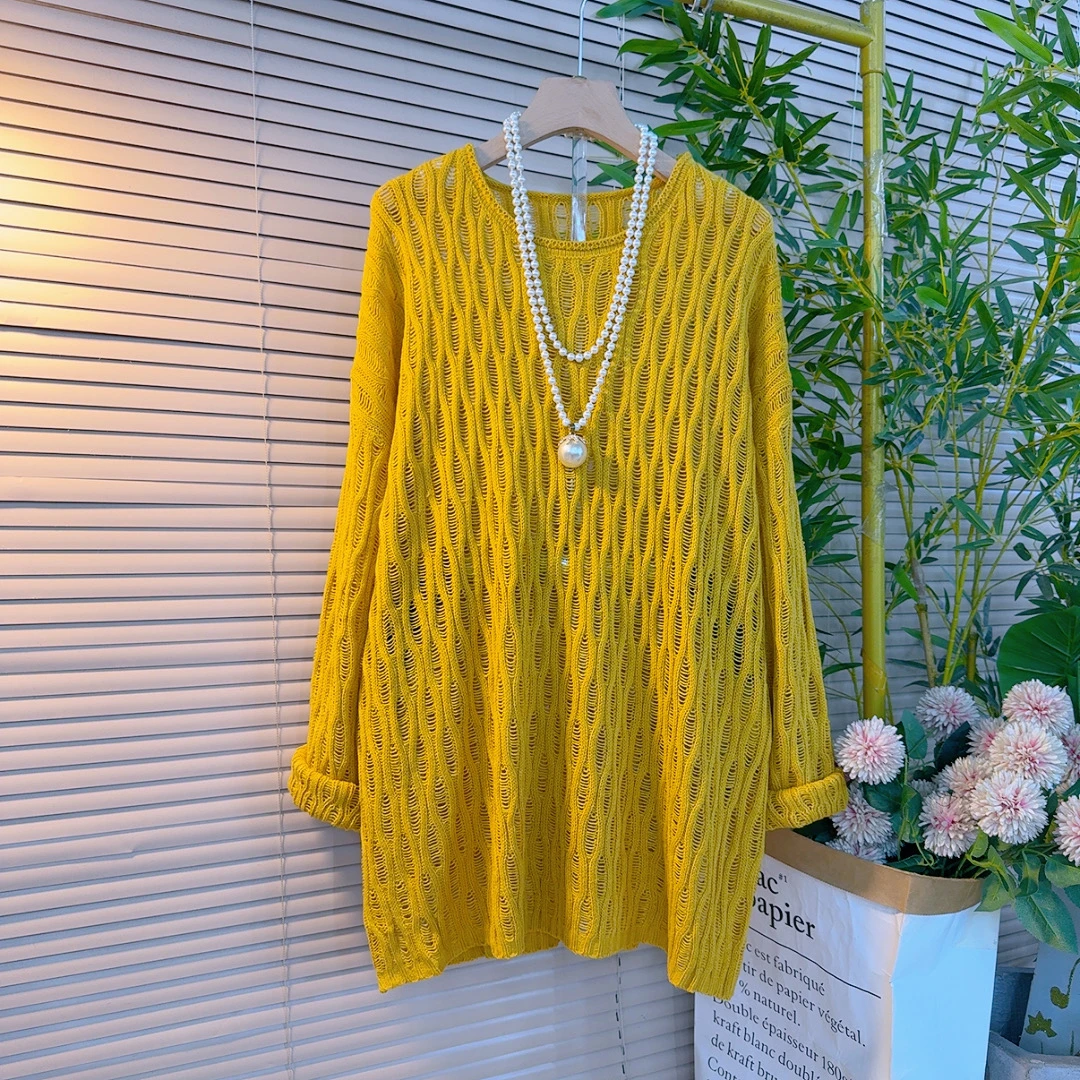 7711胖mm欧货韩版宽松慵懒风纯色圆领镂空设计感遮肉百搭针织衫