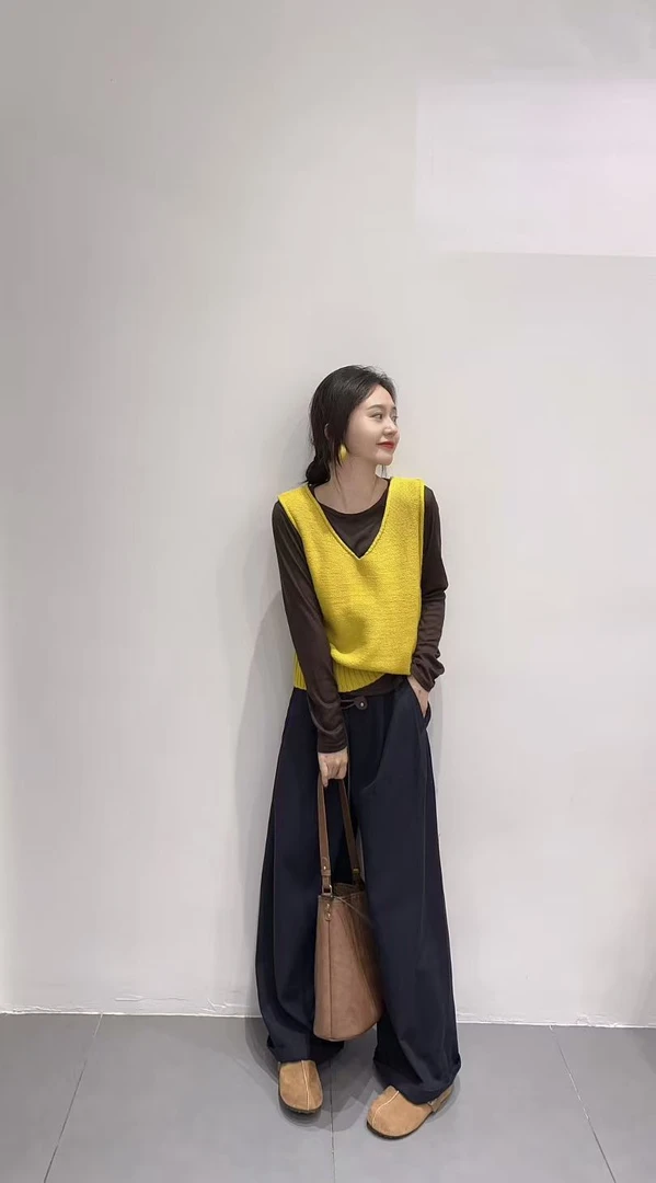 2025秋季新款韩系巨好看高级感黄色针织背心长袖上衣阔腿裤套装女