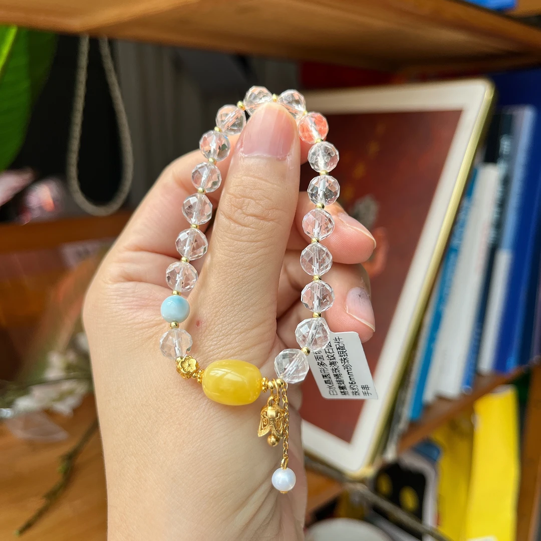 【郭老师】约6mm白水晶圆形多面切割搭蜜蜡桶珠海纹石圆珠珍珠手串