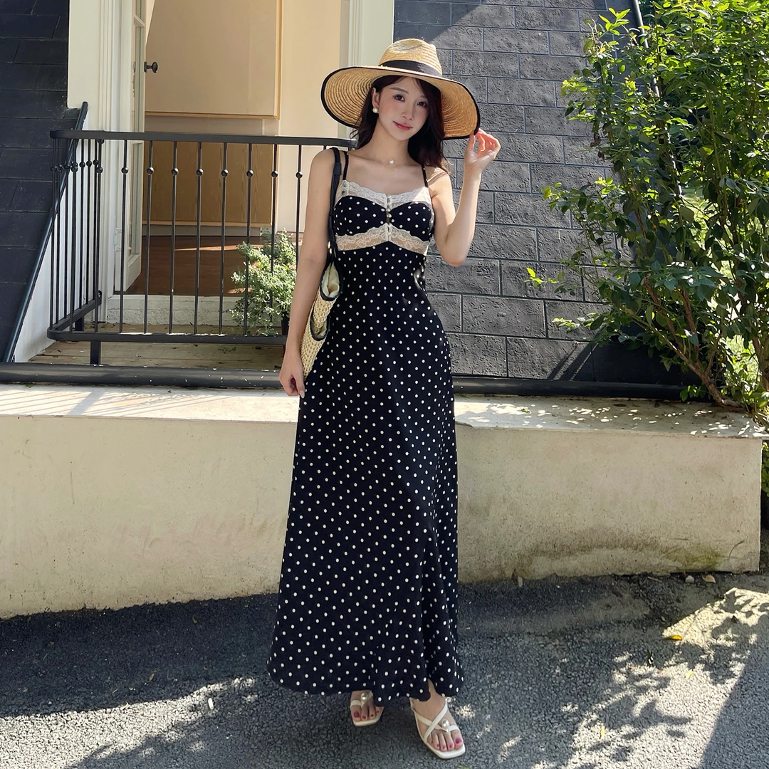 WOWDARK【海盐凉风】纯欲蕾丝拼接镂空波点连衣裙女夏收腰修身长裙