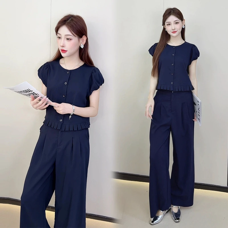 休闲风时尚套装女夏季新款时尚减龄短袖上衣显瘦遮肉阔腿裤两件套