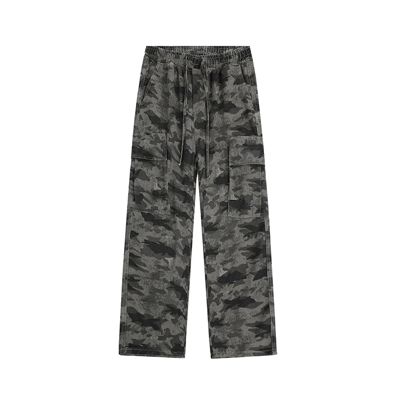 初秋新款ins高街风百搭宽松直筒迷彩休闲工装裤松紧腰抽绳设计男