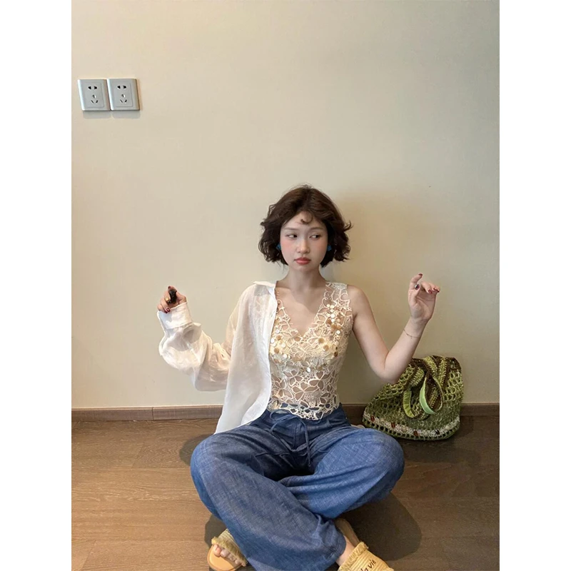沙滩镂空背心夏日穿不腻松弛感牛仔裤宽松休闲衬衫防晒衫透气衬衣