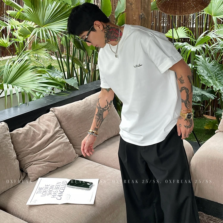 OXFREAK「手绘字母印花」300g重磅黑色短袖t恤男宽松情侣圆领半袖