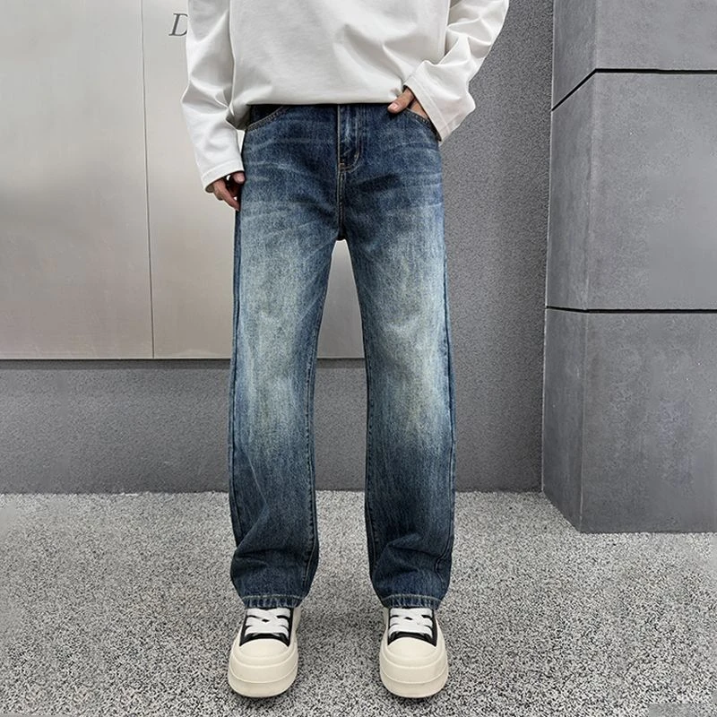 高级感磨白水洗蓝牛仔裤男款高品质男士百搭简约弹力宽松直筒长裤