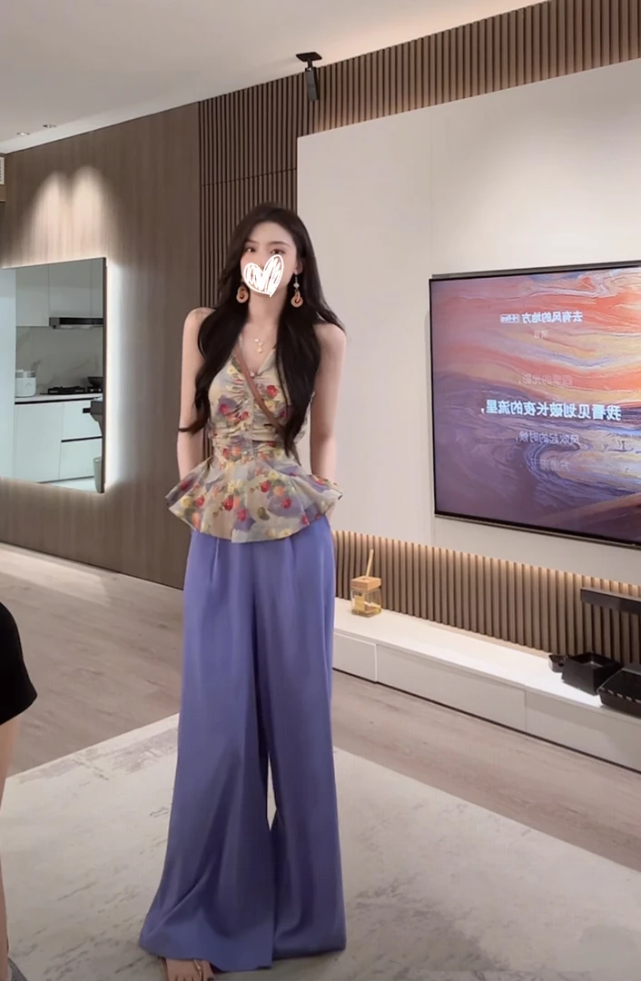 绝美晕染法式复古优化碎花氛围感小衫上衣+垂感休闲长裤Q135