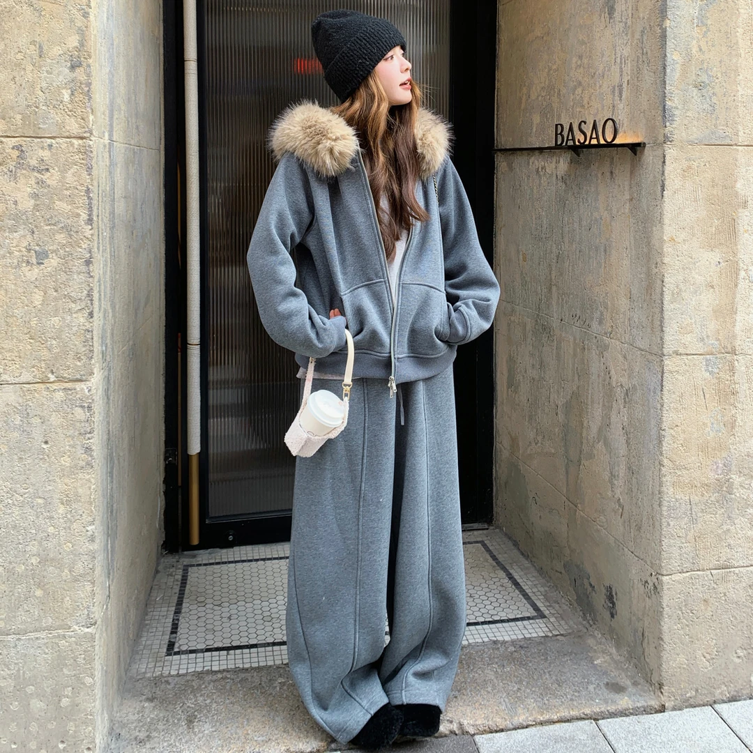 灰色慵懒高级感卫衣套装女冬2025新款大毛领连帽外套阔腿裤两件套