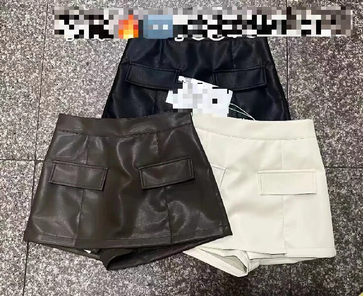欧街-口袋设计皮裤裙738