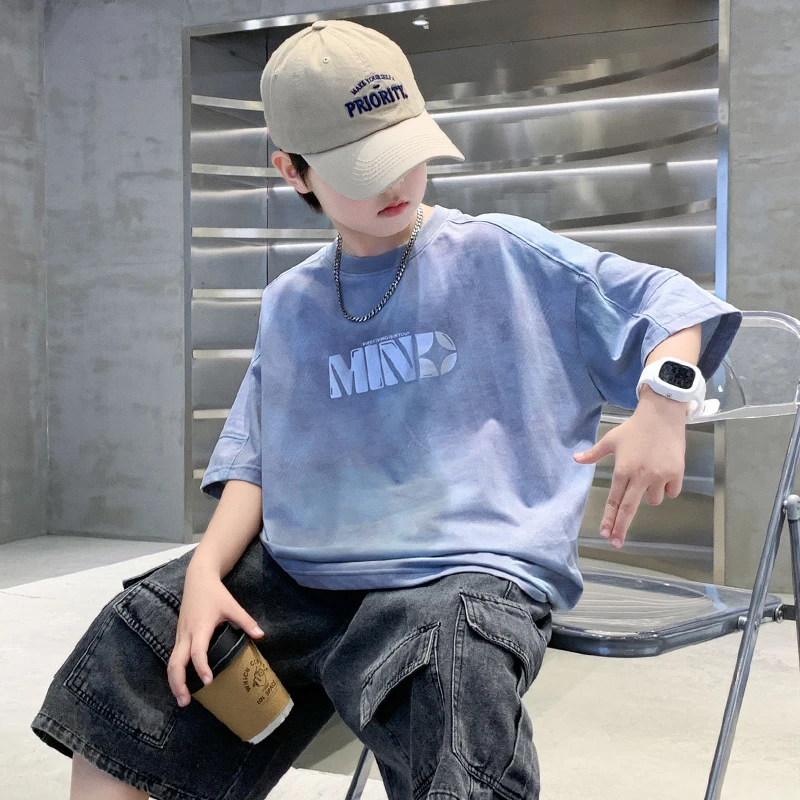 男童短袖T恤2025新款大童夏季男孩纯棉儿童夏装扎染体恤上衣潮酷t