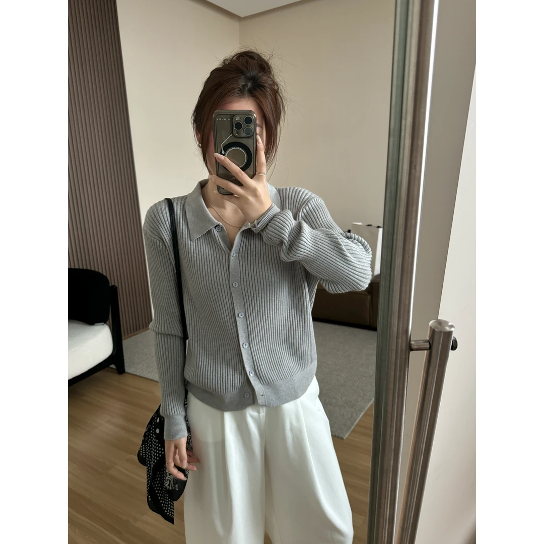 JMHH【茶泫】复古坑条POLO领针织衫女春秋显瘦单穿高支高密上衣