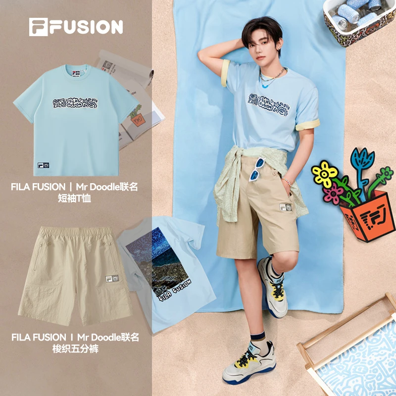 FILA FUSION斐乐潮牌男25年新休闲拼色梭织五分短裤 T11M539801F