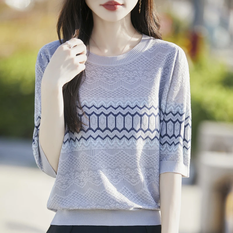 大码遮肚子显瘦上衣女夏装2025新款洋气宽松薄款冰丝针织短袖T恤