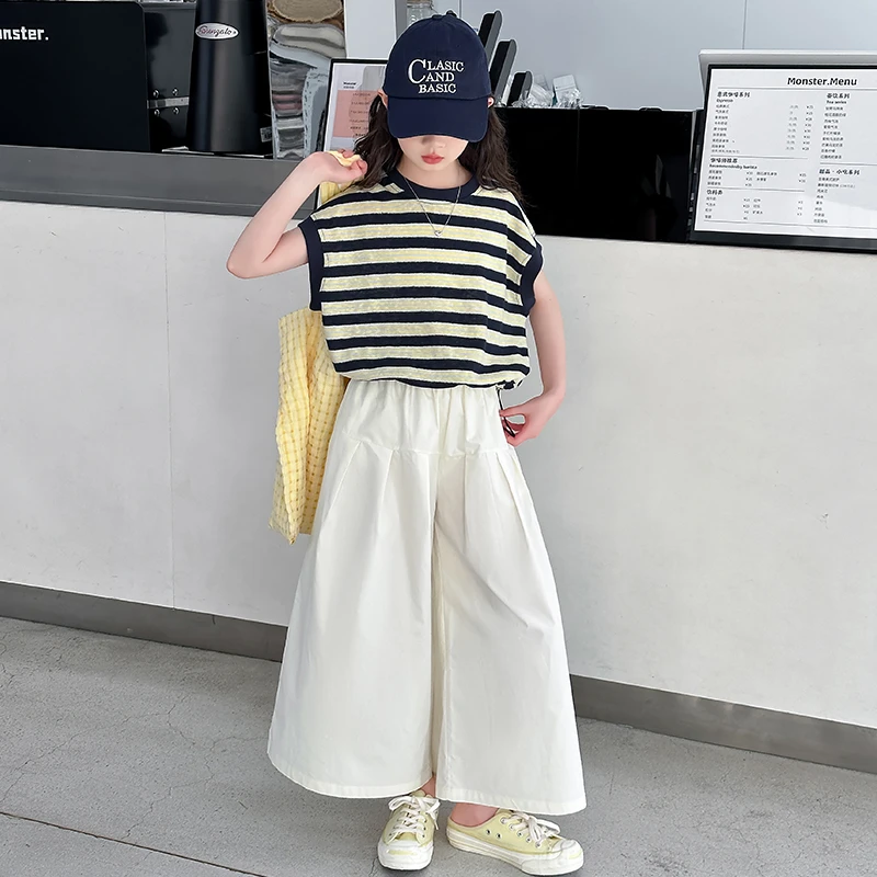 女童夏装套装2025新款大儿童时髦夏季小孩网红洋气衣服条纹两件套