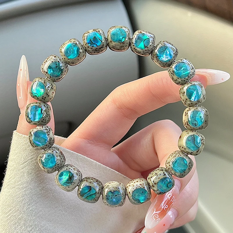 精品镶钻星月菩提子手串女绿阴皮石玉料单圈盘玩文玩佛珠手链