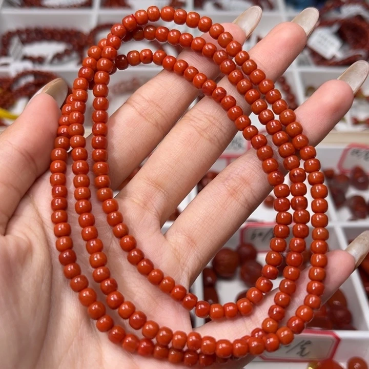 南红玛瑙未镶嵌手链满肉柿子红4.5+mm多圈老型