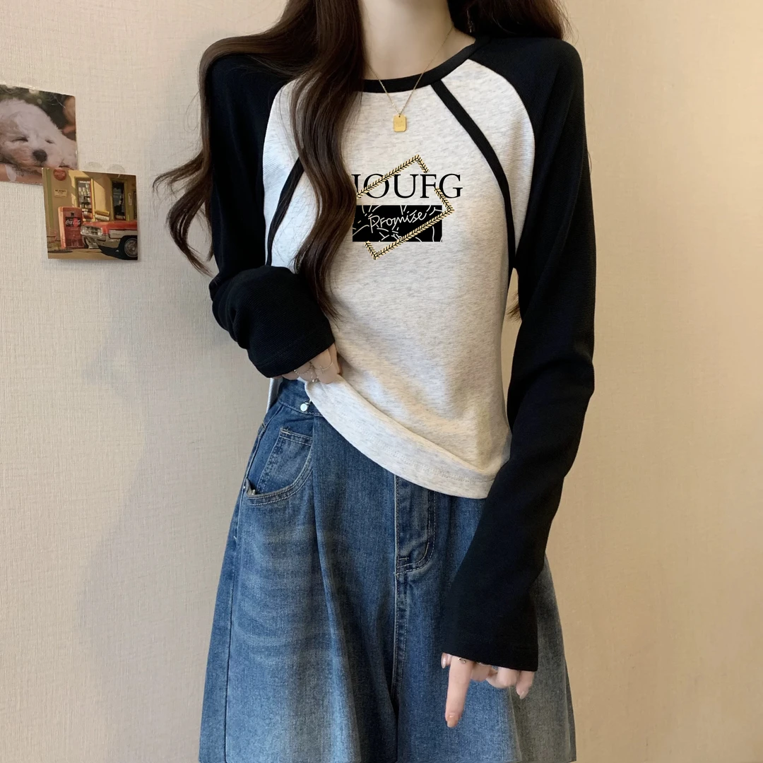 欧货上衣美式百搭修身插肩长袖T恤女早秋打底衫显瘦遮肚子短款