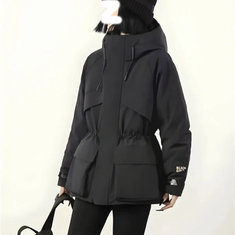 韩版黑色中长款收腰工装冲锋衣女冬季2025新款爆连帽派克棉服外套