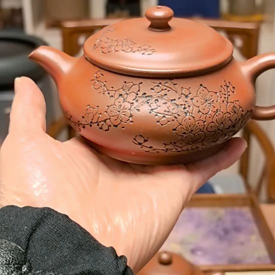 茶宠紫砂明炉壶190cc手工制作带刻绘枣红泥