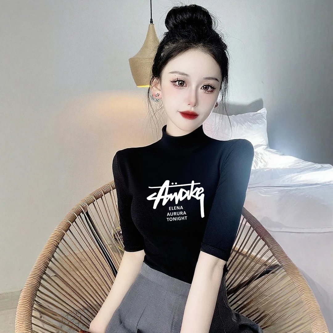 莫代尔棉中袖T恤女秋修身显瘦字母印花半高领五分袖半袖打底上衣