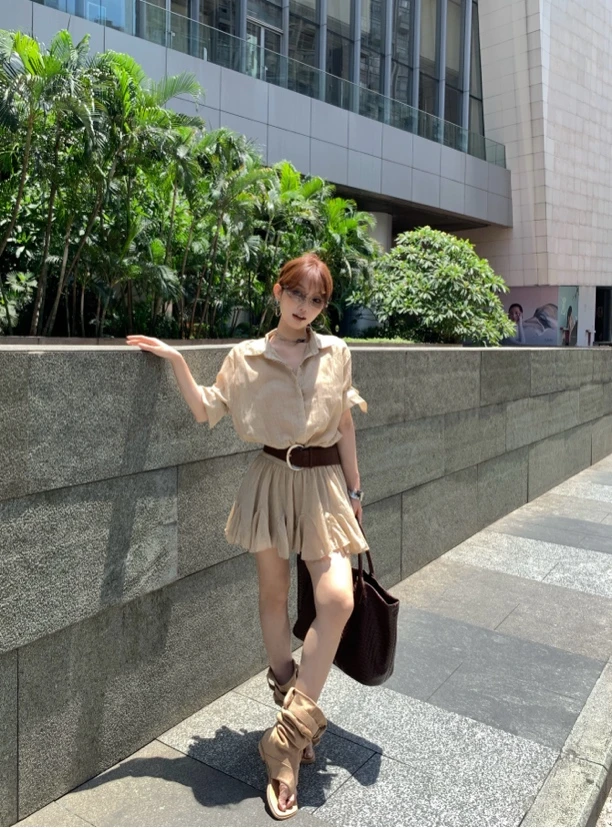 清清（NO退NO换）高级感修身收腰显瘦翻领短袖衬衫连衣裙配腰带