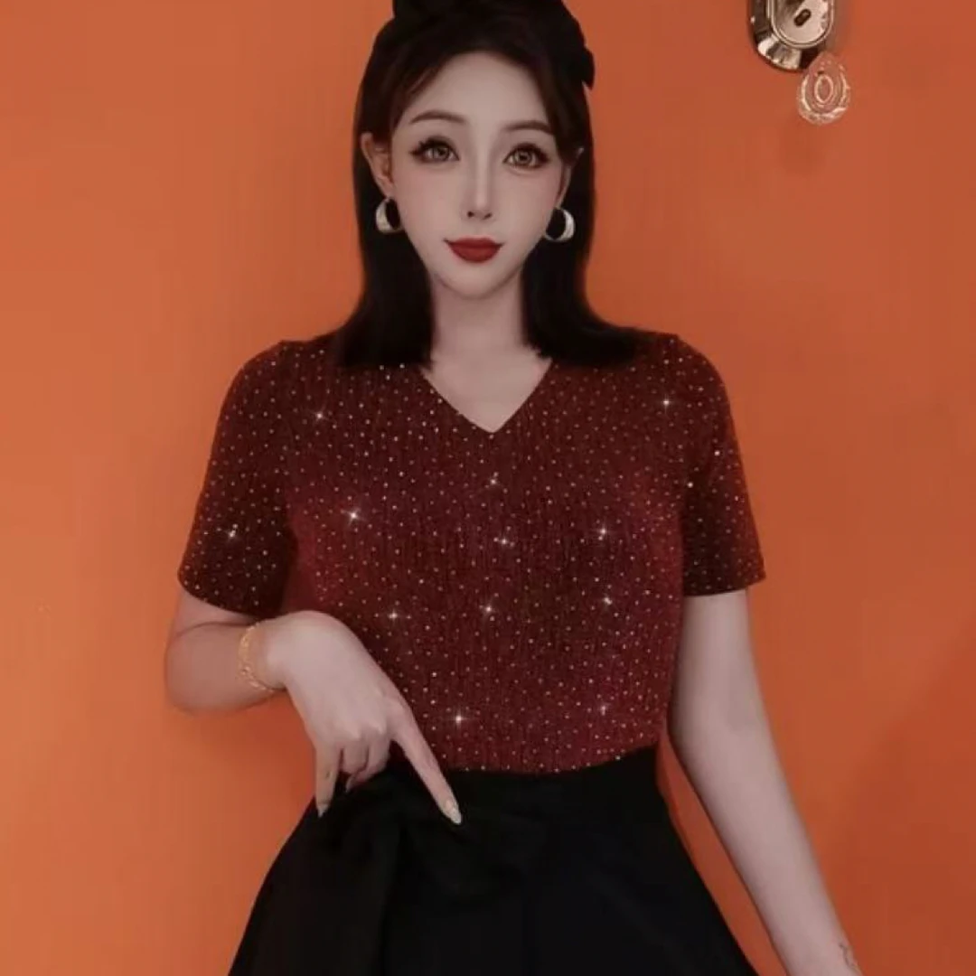 短袖烫钻V领性感风抗皱亮片T恤气质网红可爱风宅萌系