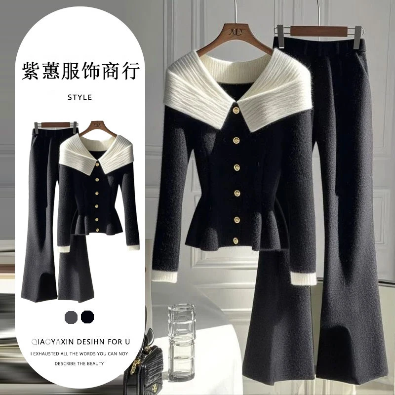 冬季穿搭一整套高级感气质名媛高端小香风黑色翻领毛衣阔腿裤套装