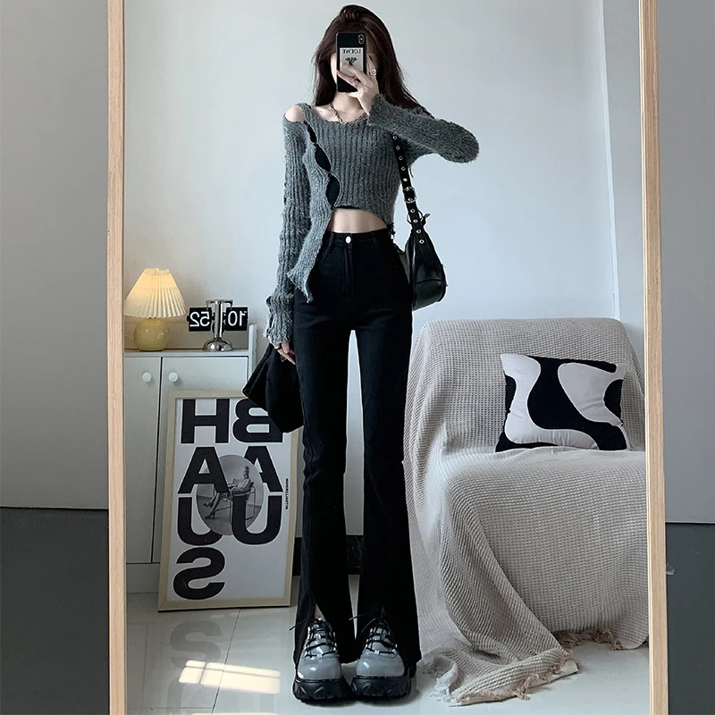 微喇开叉牛仔裤女2025年秋季新款高腰修身显瘦收腰小个子喇叭马蹄