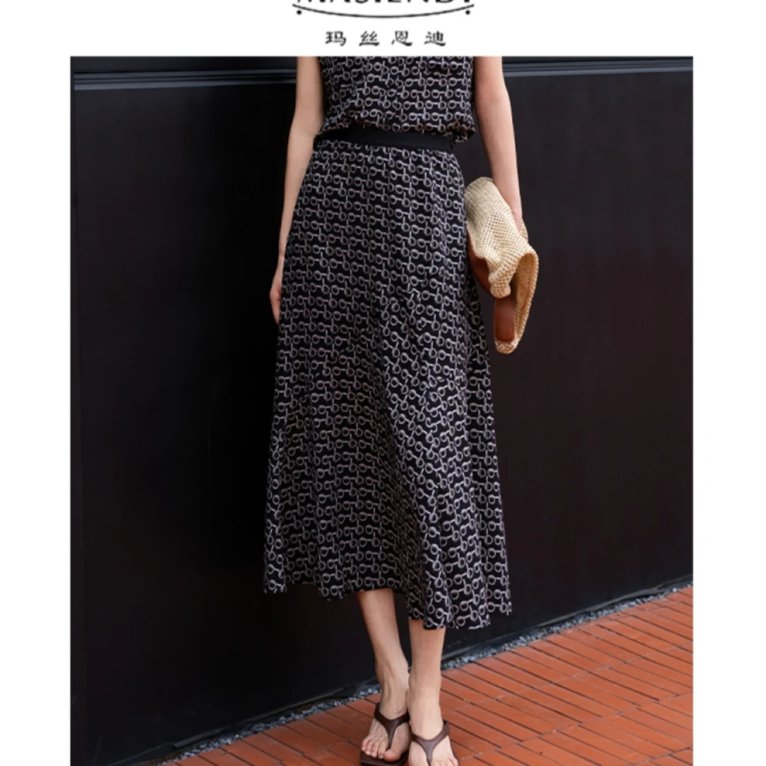 MASIENDI/玛丝恩迪高腰印花轻熟风A字半裙百褶碎花裙子黑色半身裙