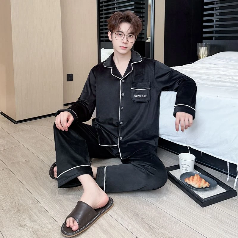 秋冬季海岛绒男生睡衣时尚字母刺绣新款青少年可外穿家居服套装男