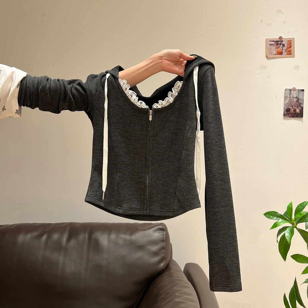 辣妹蕾丝花边长袖T恤女2025秋季新款修身显瘦高级感连帽上衣