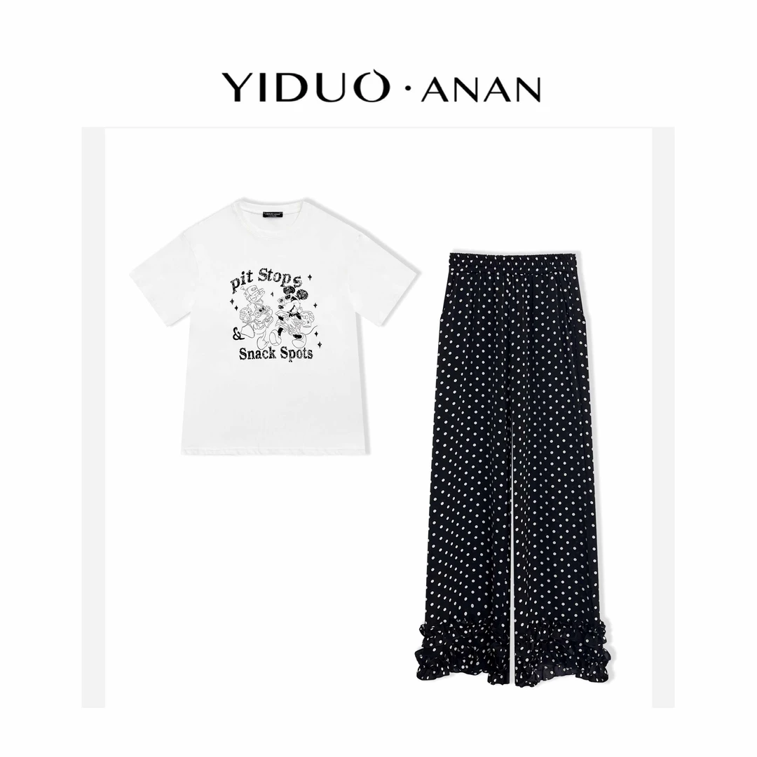 Yi·Duo 大码韩系ins风印花米奇➕波点花边阔腿套装