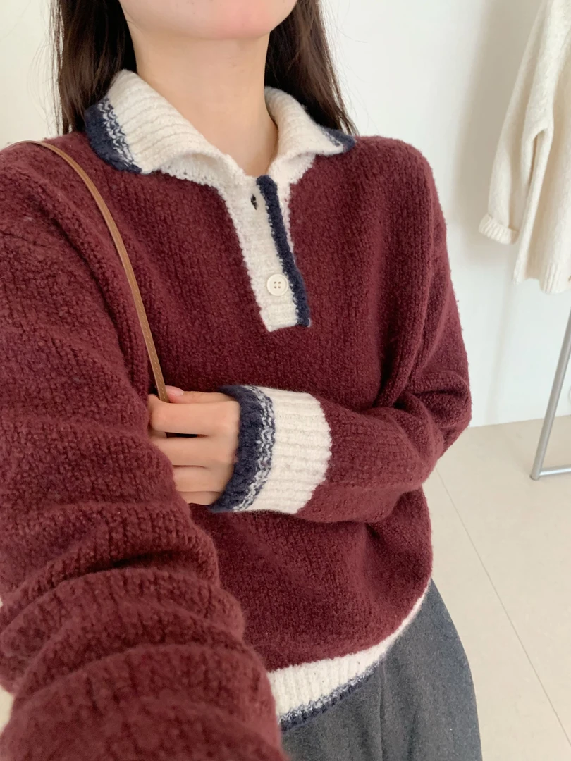 【DUODUO 959982】新款翻领复古撞色长袖针织衫宽松显瘦羊毛衫