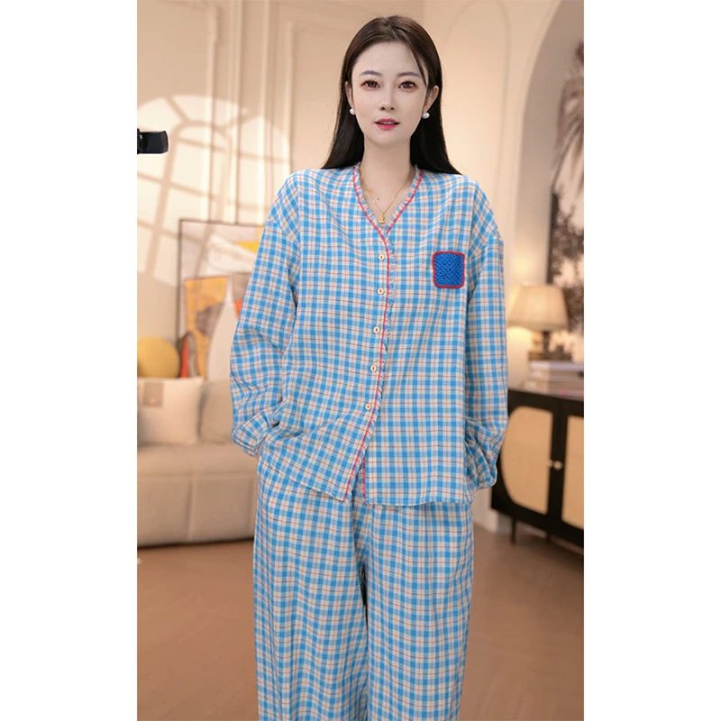 新款棉麻小蓝格睡衣女春秋款云朵棉长袖休闲慵懒风家居服套装