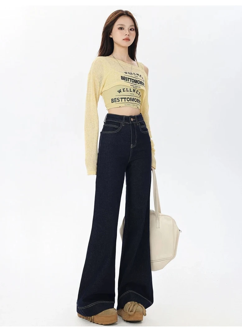 【现货现发L]丹宁蓝阔腿牛仔裤女高腰不贴腿小个子喇叭裤弹力裤子