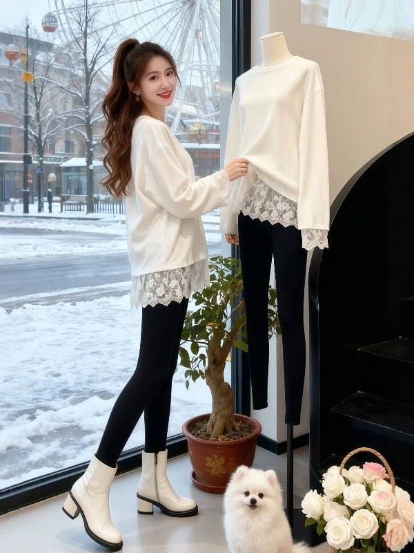 【轻奢气质】中长款圆领套头宽松型打底衫蕾丝时尚洋气春季内搭外穿