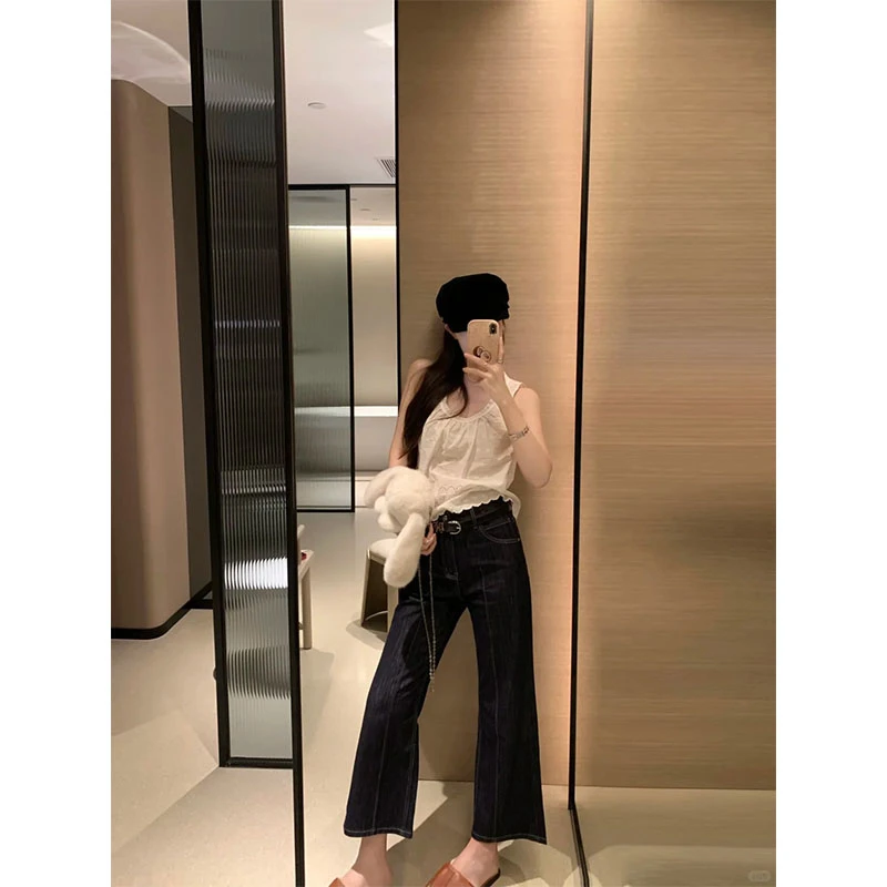 2025夏季新款韩系穿搭无袖性感u领上衣高腰休闲九分牛仔裤两件套