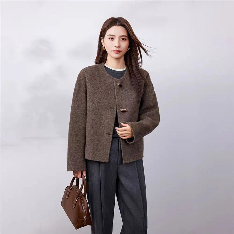 2025高级感韩系小个子宽松显瘦双面羊毛外套女气质短款圆领上衣潮