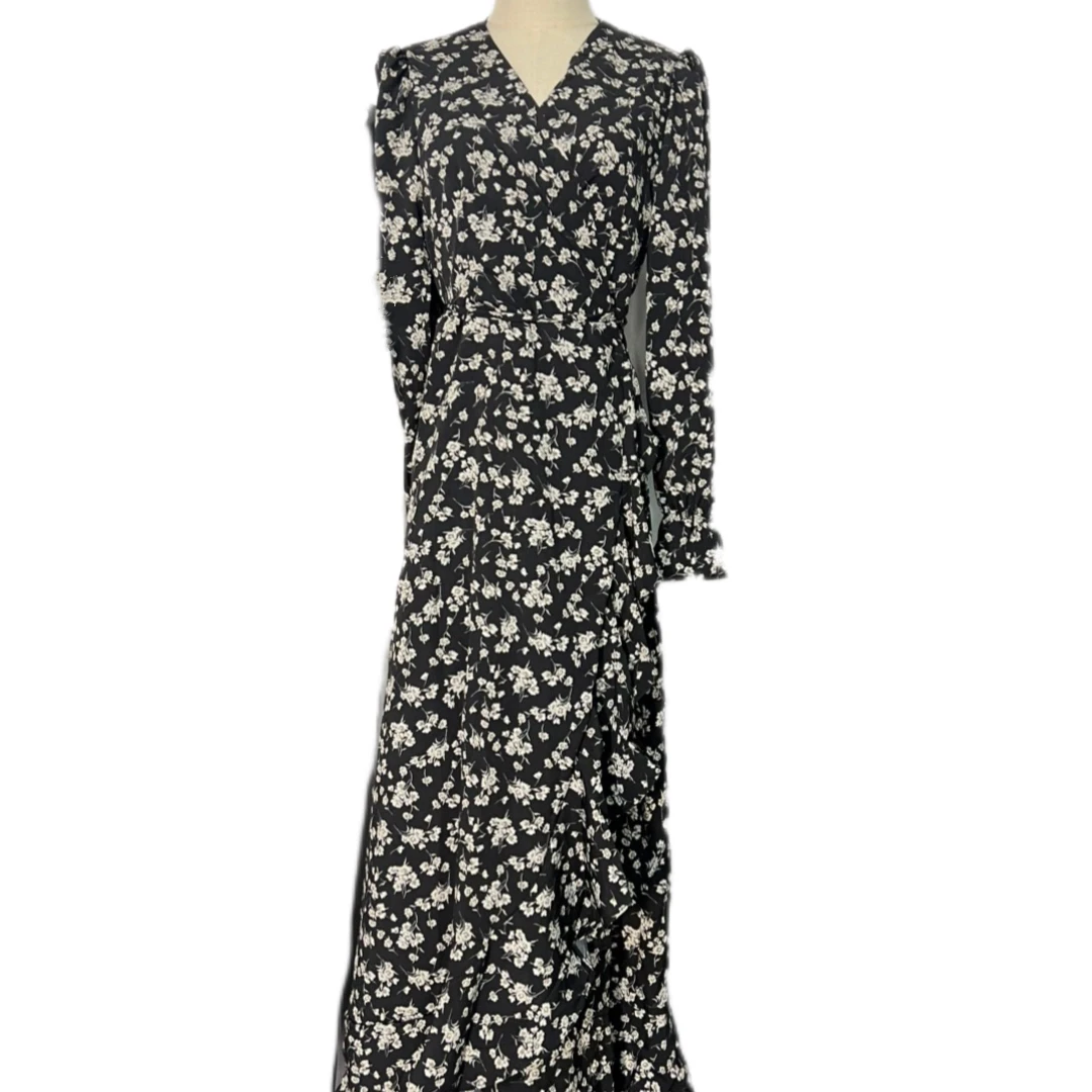 【金雪儿】韩国东大门爆款黑色V领碎花连衣裙