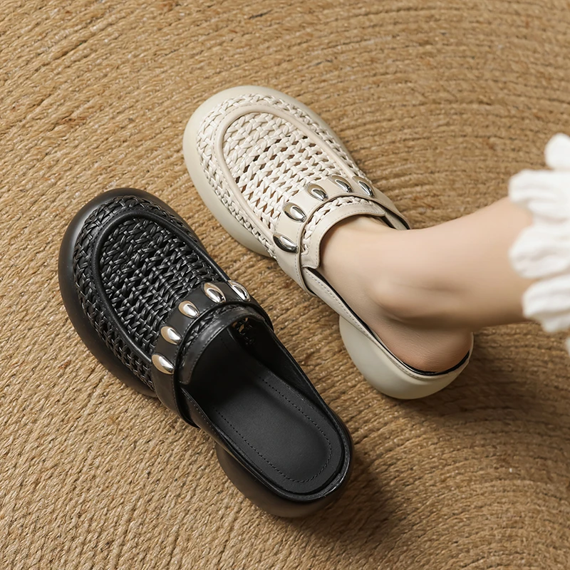 牛皮6.5公分/夏季新款粗跟厚底透气一字拖编织镂空包头凉拖鞋女鞋