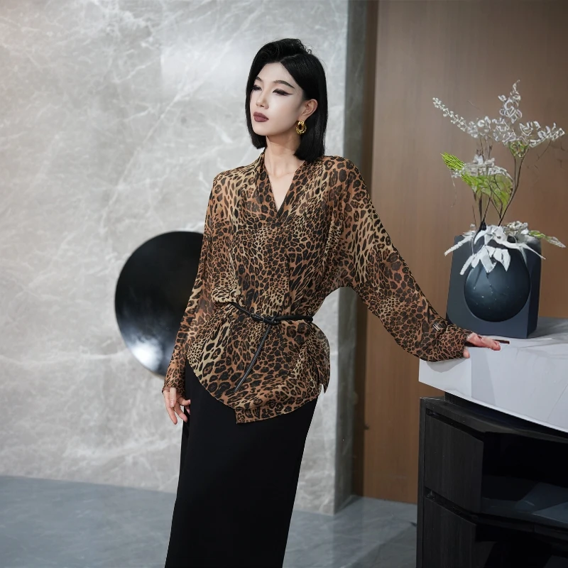 POPULARYW【纨扇凉】Z·R上品屋 高级洋气复古风V领长袖豹纹宽松衬衫