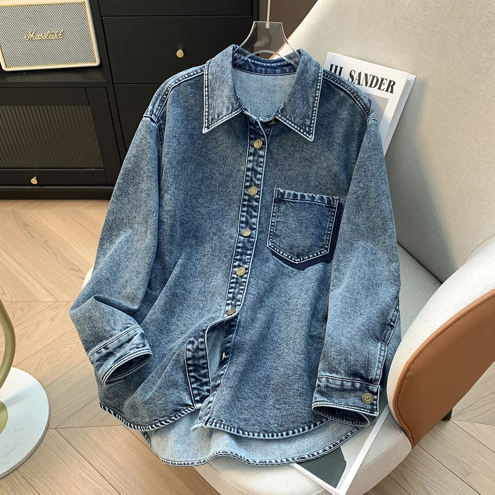 【磨毛加厚】复古做旧牛仔衬衣女长袖宽松休闲保暖衬衫外套潮