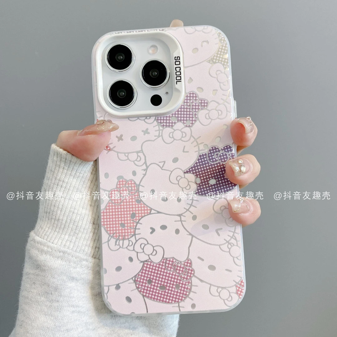 适用于苹果16华为vivo小米oppo荣耀磨砂彩银手机壳卡通潮格子凯蒂