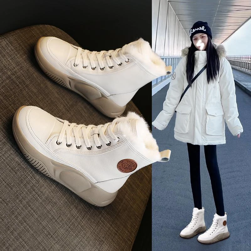 真皮雪地靴女加绒加厚2025年新款秋冬季保暖米白色厚底高帮大棉鞋