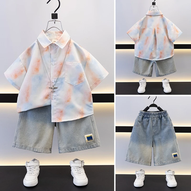 套装休闲夏季男童中小童中大童牛仔衬衫夏装时髦儿童夏款帅气夏天
