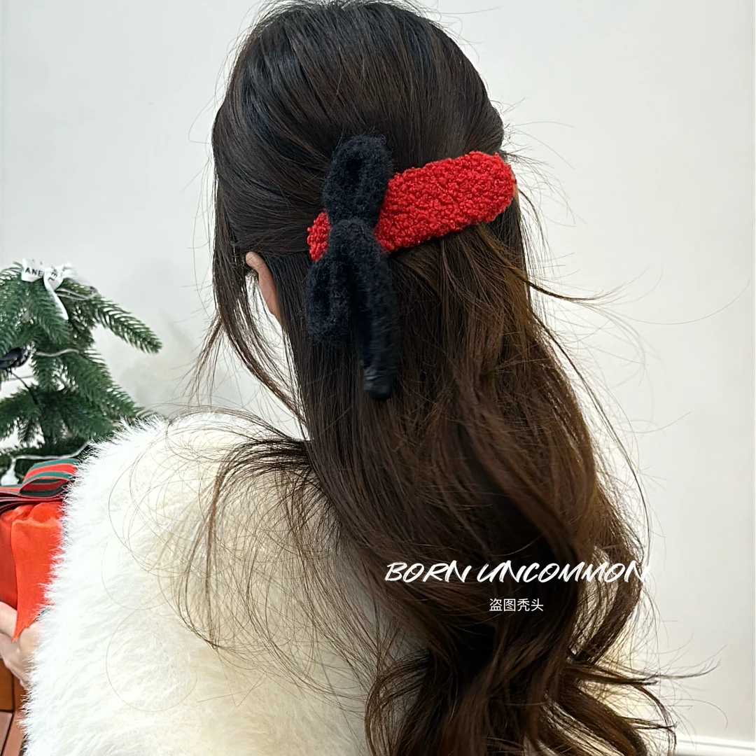 不顶头蝴蝶结毛绒一字鸭嘴夹子发夹女后脑勺高级感气质抓夹鲨鱼夹