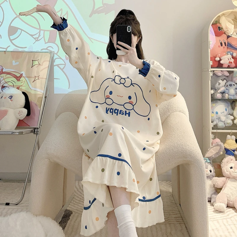 带胸垫纯棉睡衣女春秋季长袖胖mm加肥加大码200斤长款睡裙特大码