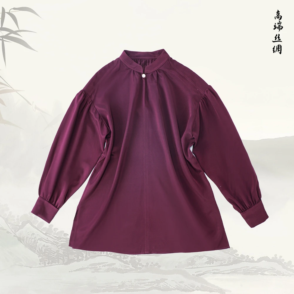 品牌新款桑蚕丝衬衫设计感法式复古灯笼袖衬衣529206