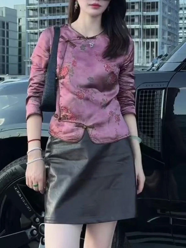 新中式国风紫色印花长袖女2025年秋季新款时尚不规则开衫气质上衣