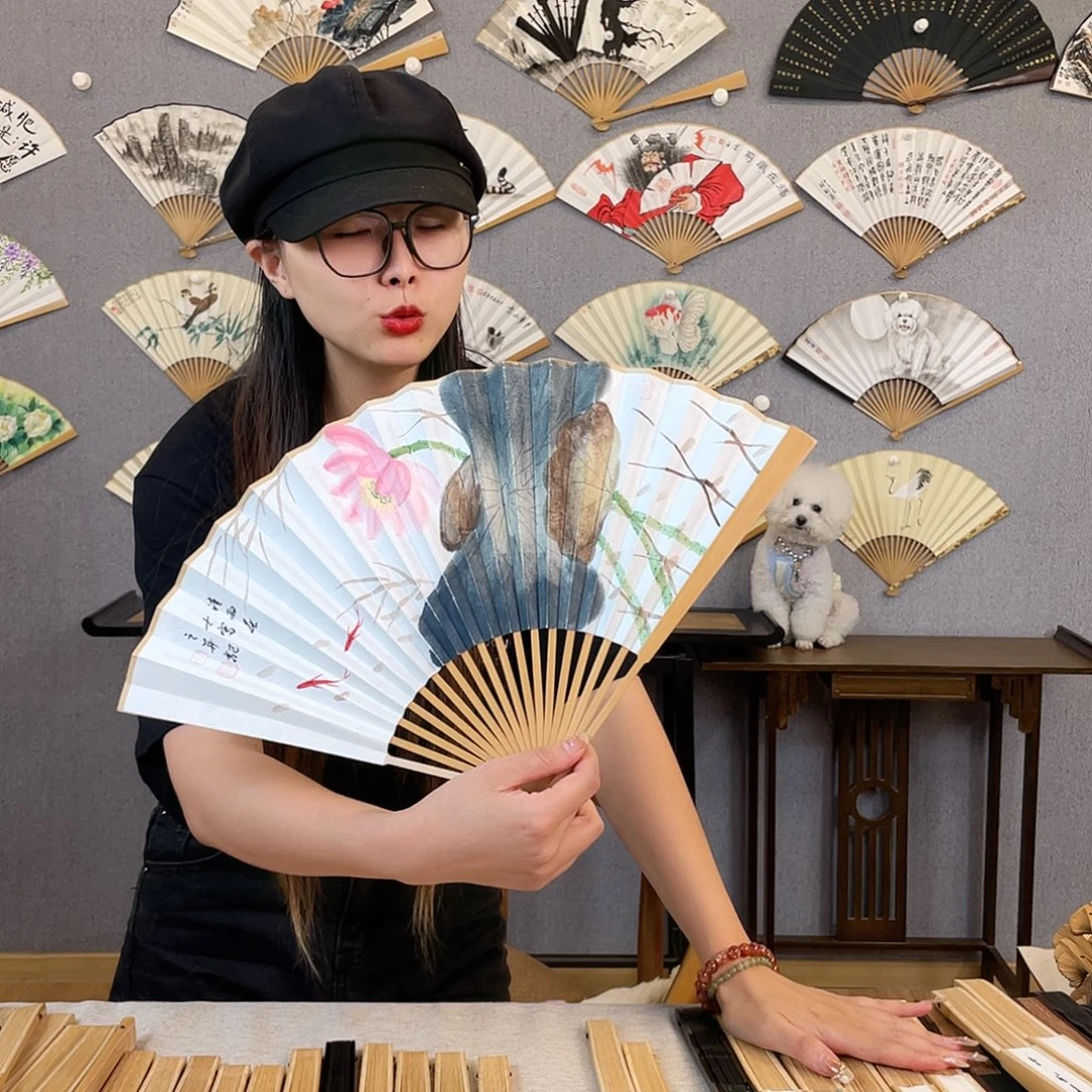 国画95寸玉竹-纯手绘-文玩扇骨（默认粘好）